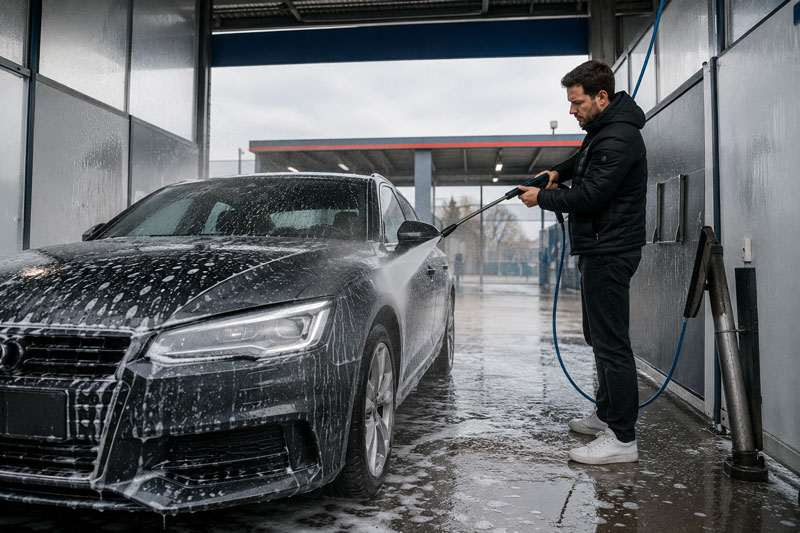 jemand der sein auto in der SB-Box wäscht