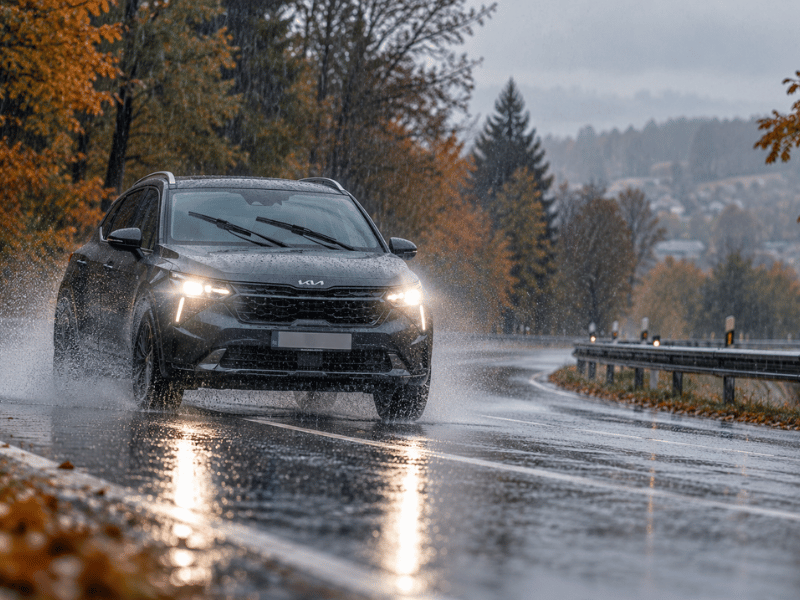 lichtpflicht bei regen; auto fährt im regen; ki-generiert