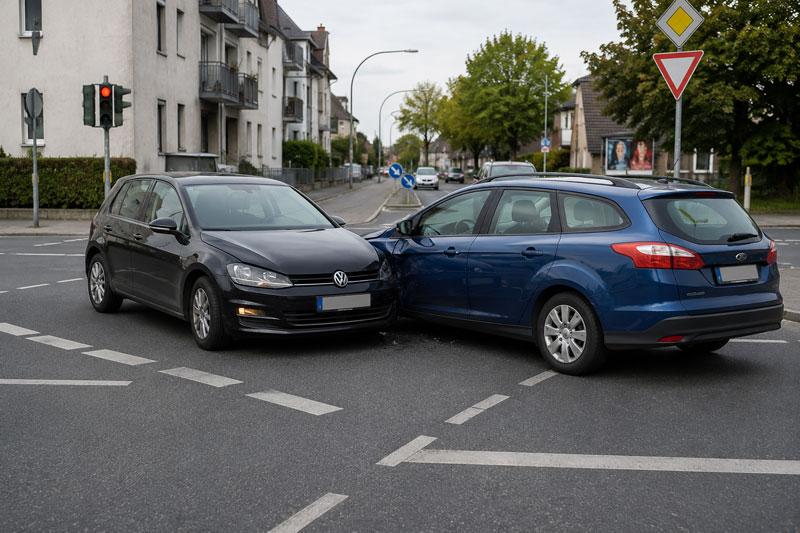 unfall mit dem leasingauto auf einer kreuzung, zwei fahrzeuge stehen ineinander